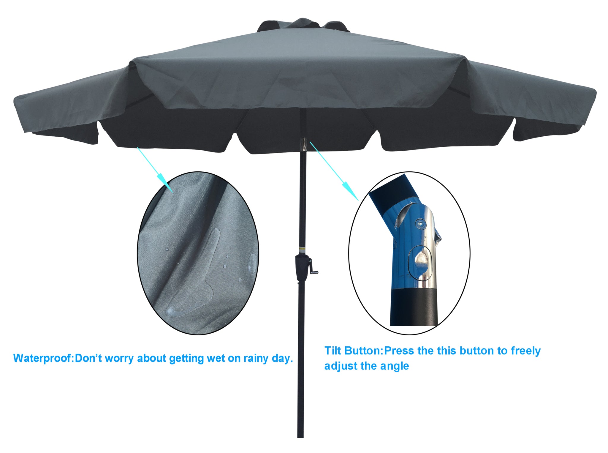 Outdoor Patio Umbrella 10FT 3m WITH FLAP ,8pcs dark gray-metal