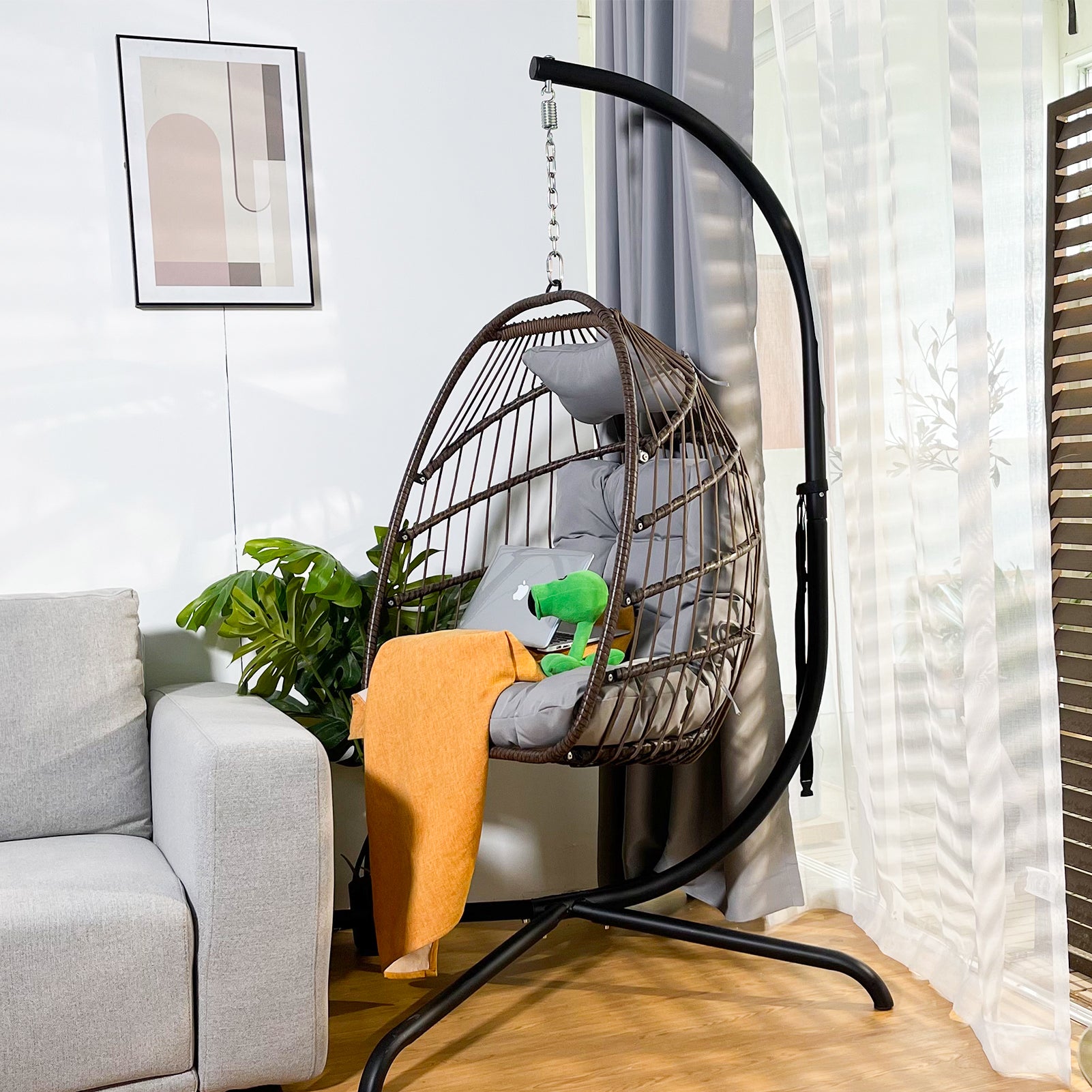 Arrived At Port On Apr. 2 Swing Egg Chair With Stand Indoor Outdoor Wicker Rattan Patio Basket Hanging Chair With C Type Bracketwith Cushion And Pillow,Patio Wicker Folding Hanging Chair Brown Metal