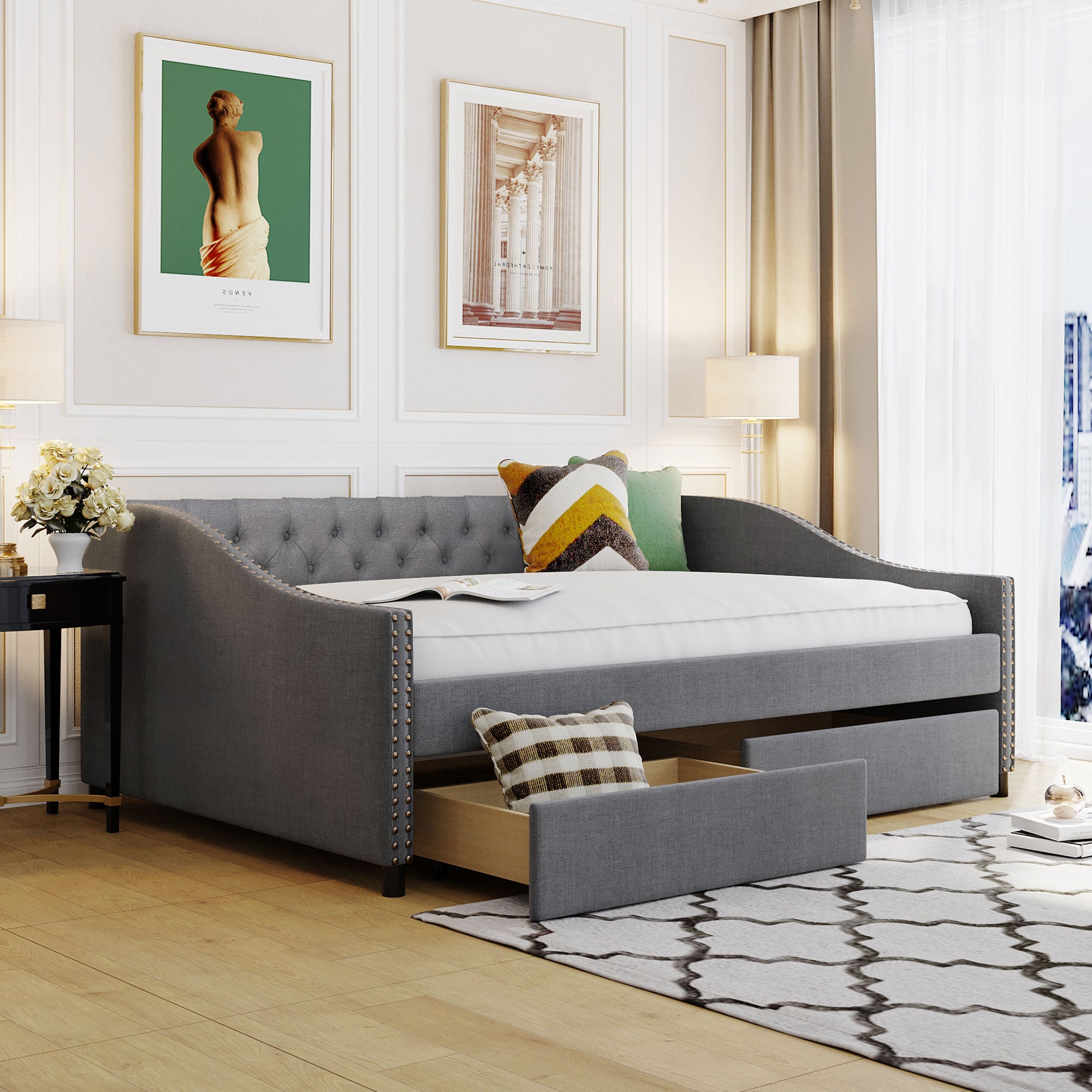 Upholstered daybed with Two Drawers, Wood Slat gray-solid wood