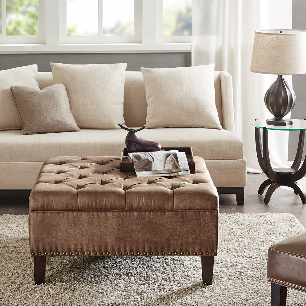 Tufted Square Cocktail Ottoman Brown Wood