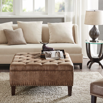 Tufted Square Cocktail Ottoman Brown Wood