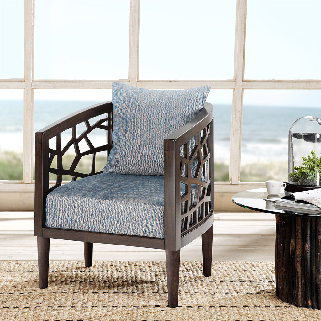 Crackle Accent Chair, Wood Frame With Cushion, Morrocco,Kd Blue Solid Wood