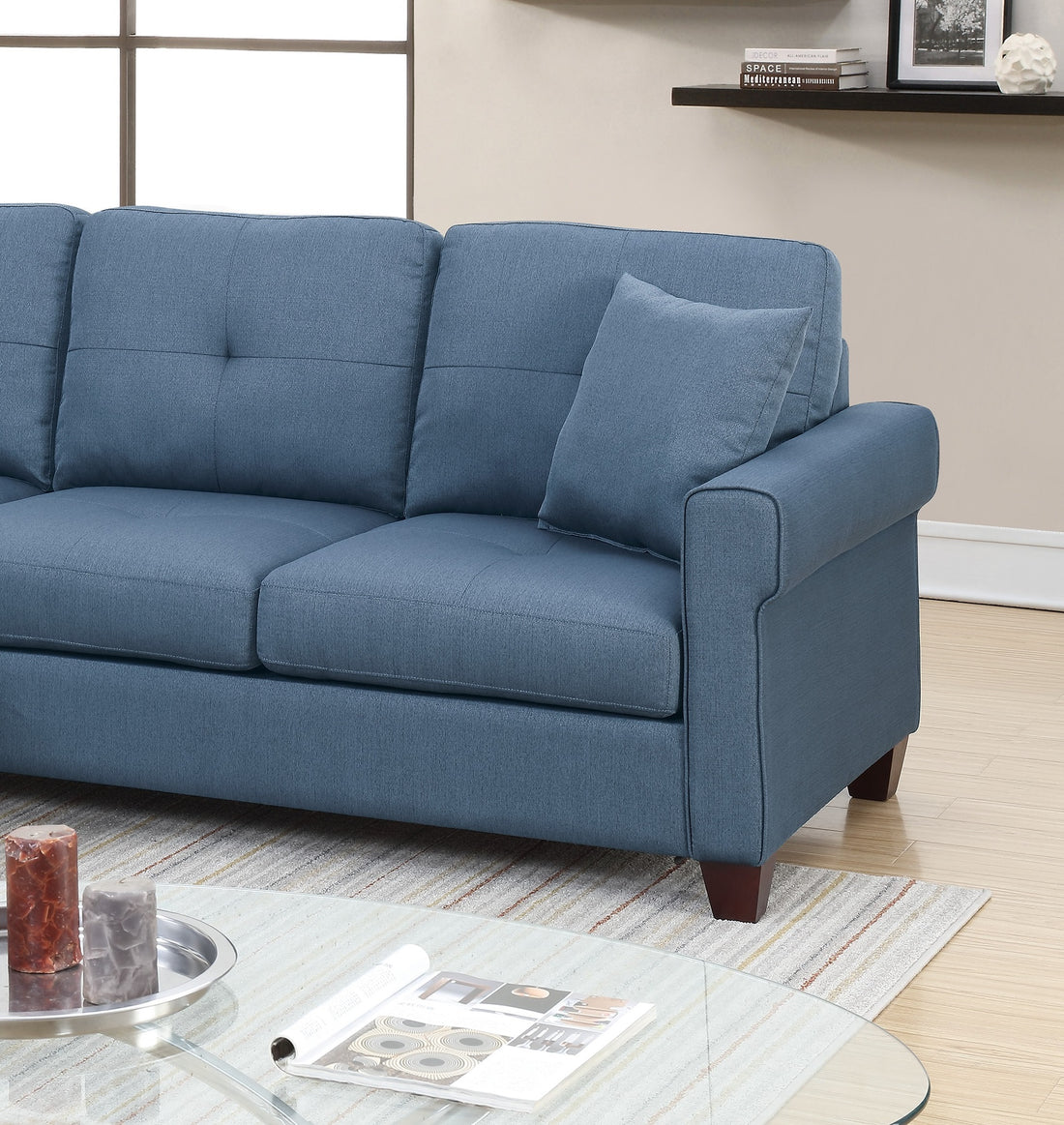 Blue Color Glossy Polyfiber Tufted Cushion Couch Sectional Sofa Chaise Living Room Furniture Reversible Sectionals Chaise Blue Wood Primary Living Space Cushion Back Contemporary,Modern L Shaped Pine Square Arms Fabric 4 Seat