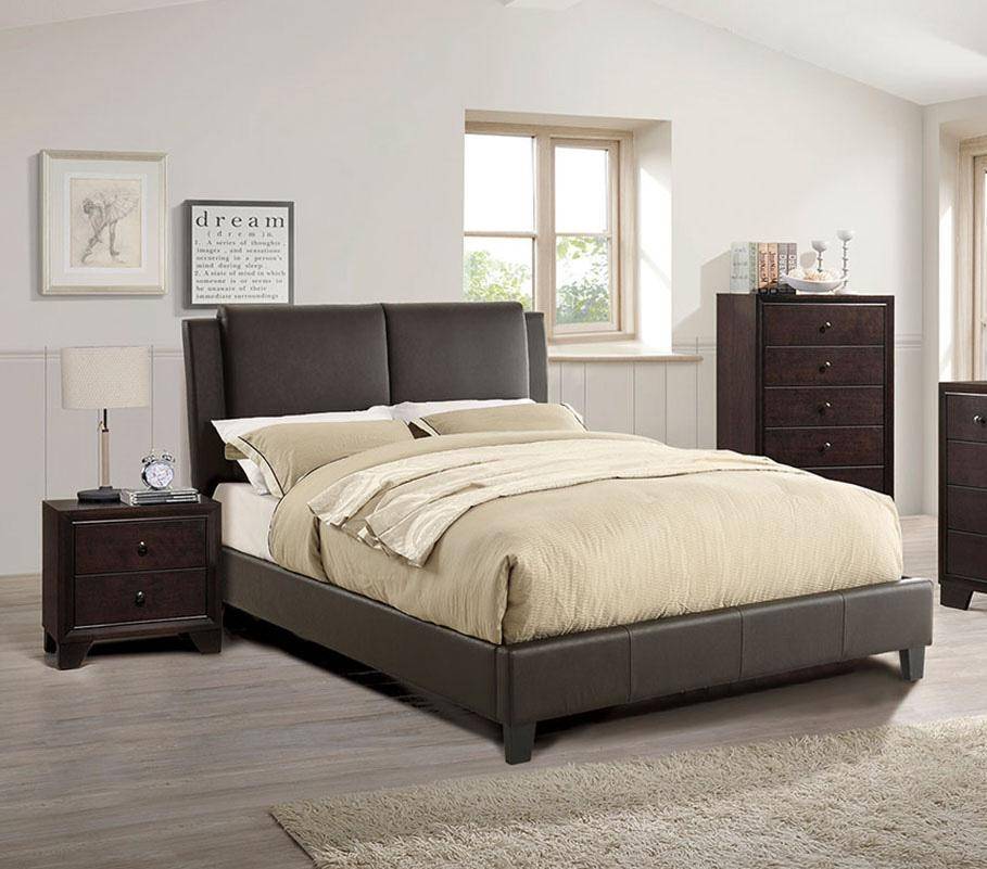 Eastern King Size Bed 1Pc Bed Set Brown Faux Leather Upholstered Two Panel Bed Frame Headboard Bedroom Furniture Box Spring Not Required King Brown Wood Bedroom Modern Pine Bed Frame Faux Leather Particle Board