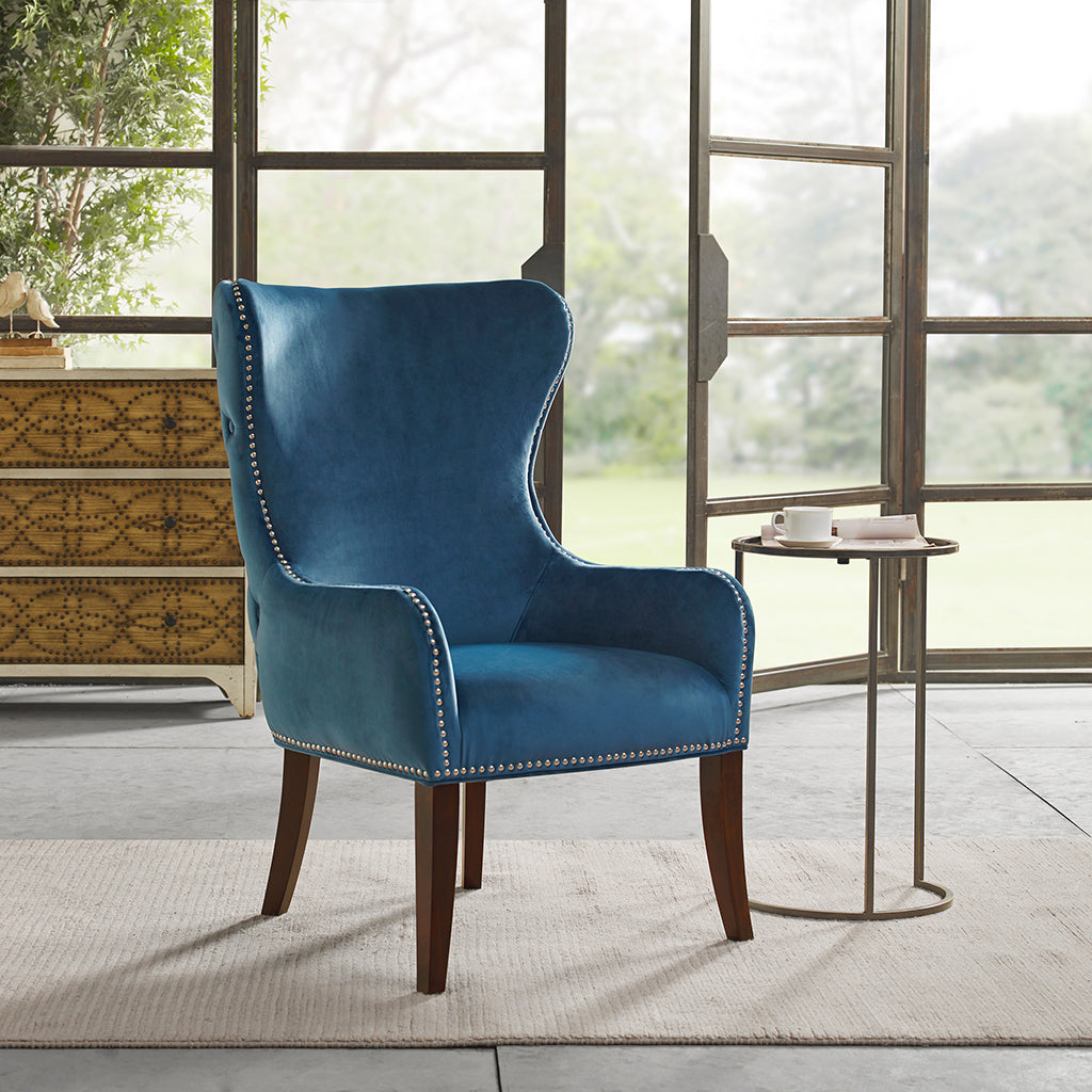 Button Tufted Back Accent Chair Blue Polyester