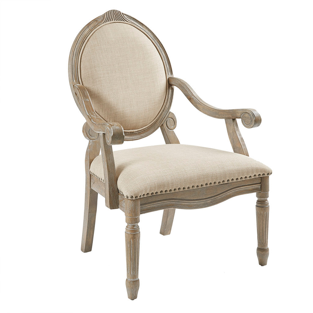 Exposed Wood Arm Chair Beige Polyester