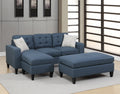 Reversible 3Pc Sectional Sofa Set Navy Tufted Polyfiber Wood Legs Chaise Sofa Ottoman Pillows Cushion Couch Navy Wood Primary Living Space Cushion Back Contemporary,Modern L Shaped Pine Square Arms Fabric 4 Seat