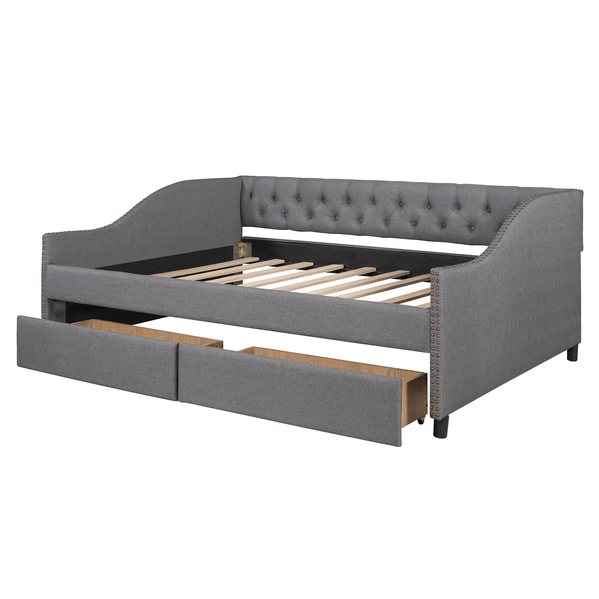 Upholstered Daybed With Two Drawers, Wood Slat Support, Gray, Full Size Old Sku :Lp001111Aae Gray Solid Wood