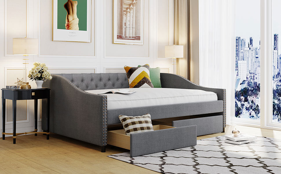 Upholstered daybed with Two Drawers, Wood Slat gray-solid wood