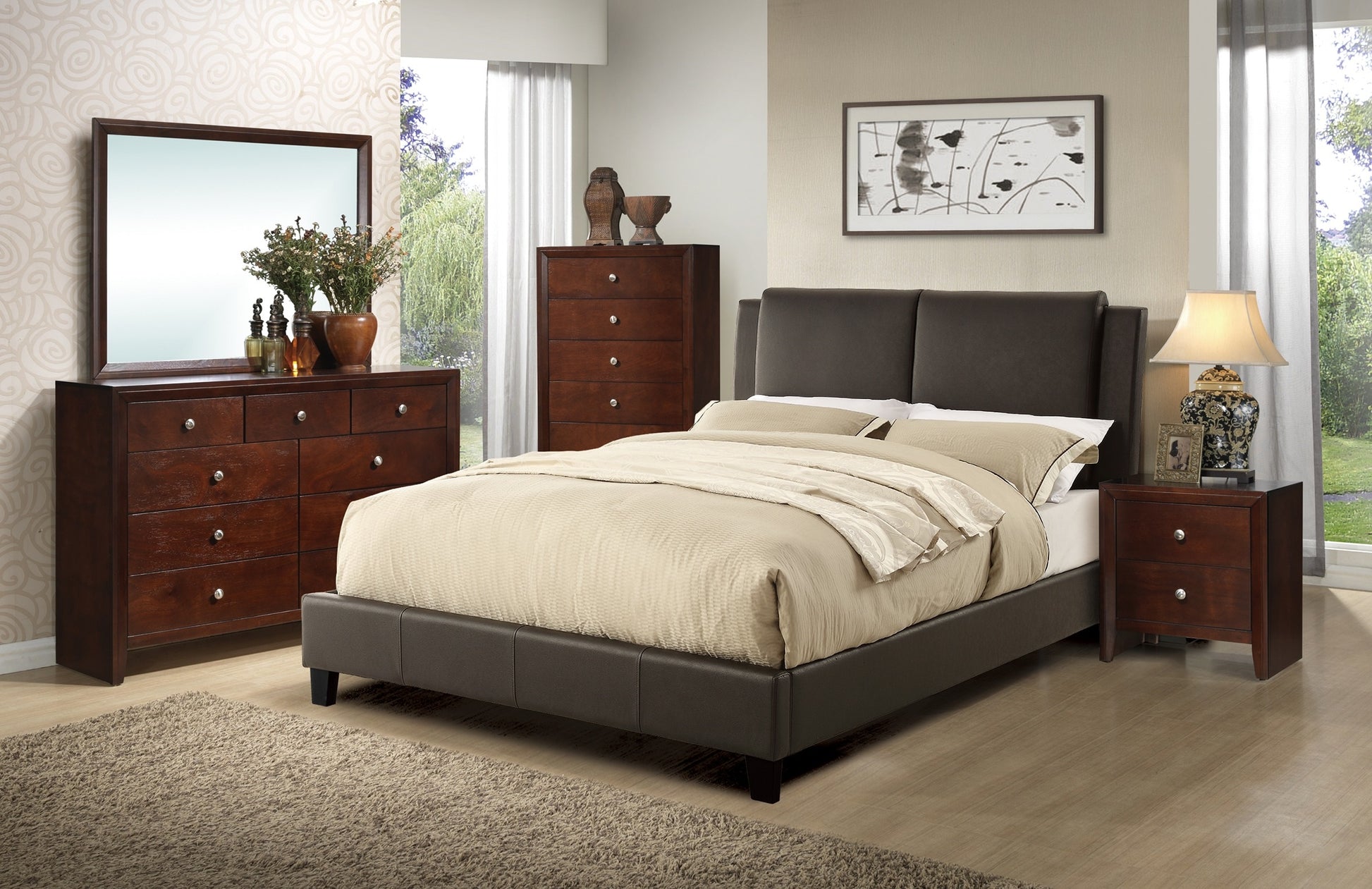 California King Size Bed 1Pc Bed Set Brown Faux Leather Upholstered Two Panel Bed Frame Headboard Bedroom Furniture Box Spring Not Required California King Brown Wood Bedroom Modern Pine Bed Frame Faux Leather Particle Board