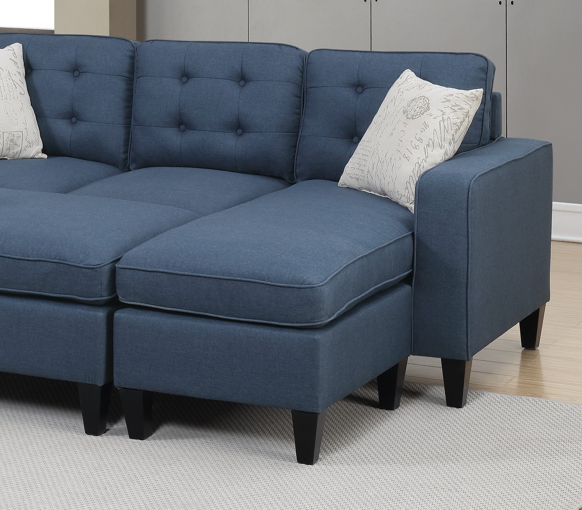 Reversible 3Pc Sectional Sofa Set Navy Tufted Polyfiber Wood Legs Chaise Sofa Ottoman Pillows Cushion Couch Navy Wood Primary Living Space Cushion Back Contemporary,Modern L Shaped Pine Square Arms Fabric 4 Seat