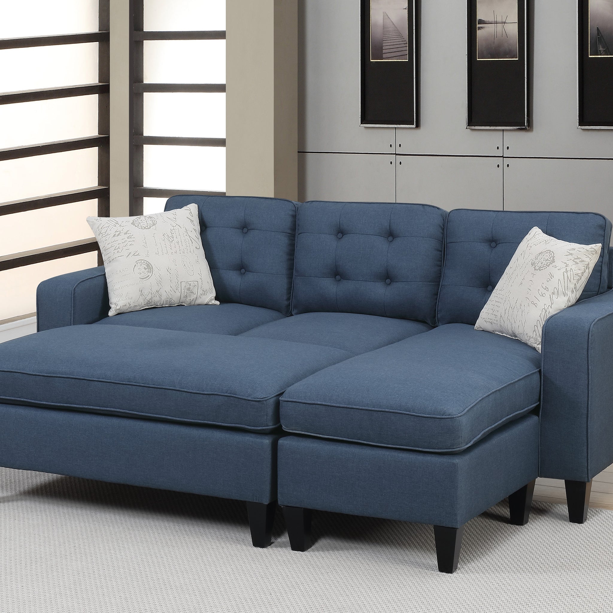 Reversible 3Pc Sectional Sofa Set Navy Tufted Polyfiber Wood Legs Chaise Sofa Ottoman Pillows Cushion Couch Navy Wood Primary Living Space Cushion Back Contemporary,Modern L Shaped Pine Square Arms Fabric 4 Seat