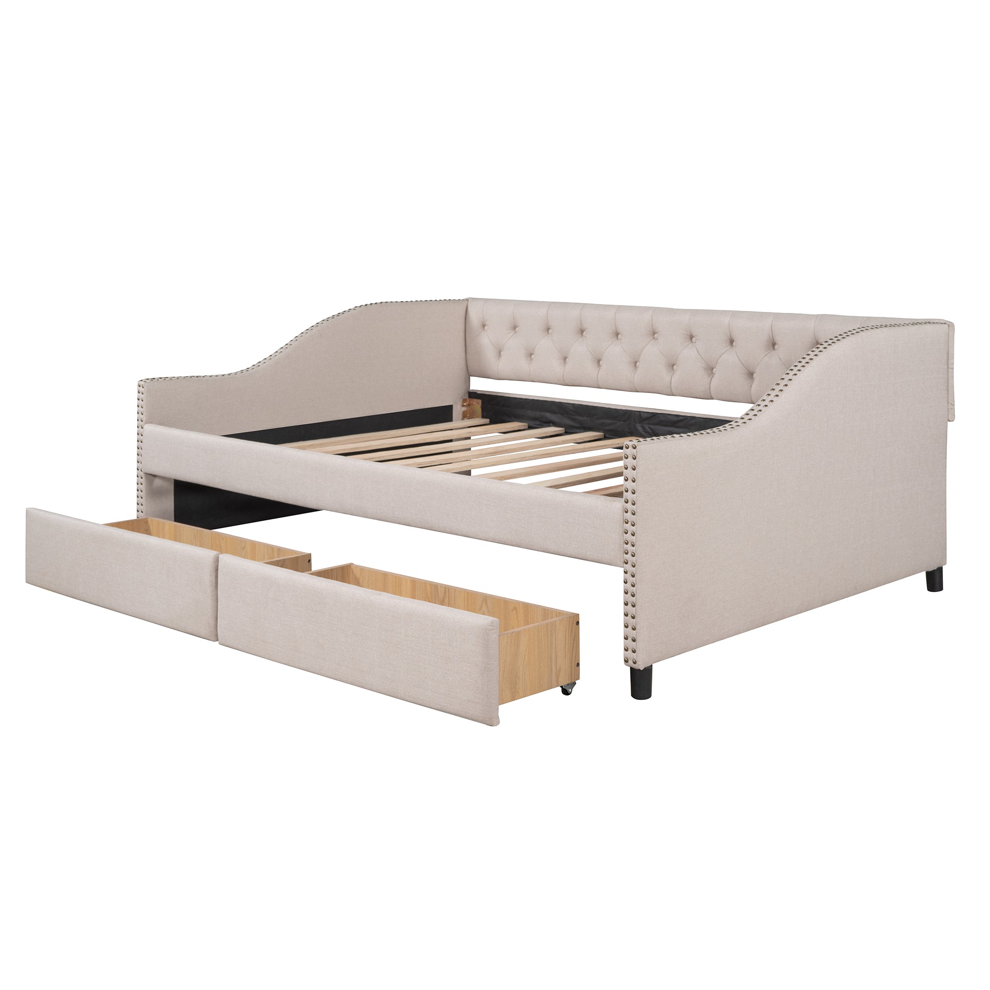 Upholstered daybed with Two Drawers, Wood Slat beige-solid wood