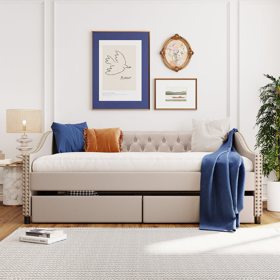 Upholstered daybed with Two Drawers, Wood Slat beige-solid wood