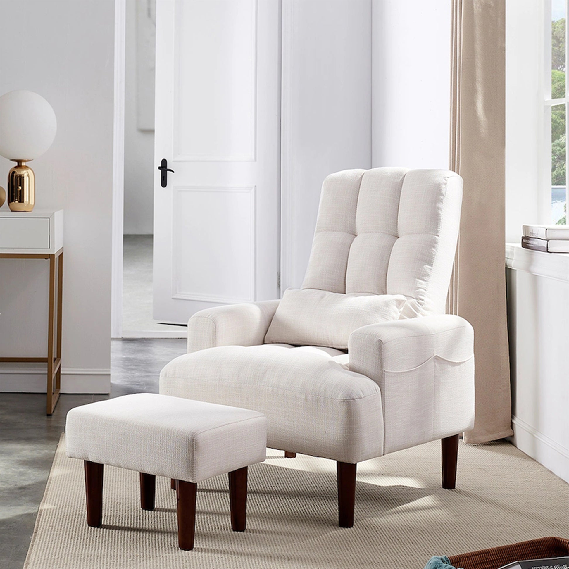 Redde Boo Brand Modern Design Living Room Cream White Recliner Soft Cozy Sofa Chair With Ottoman Cream White Foam Fabric