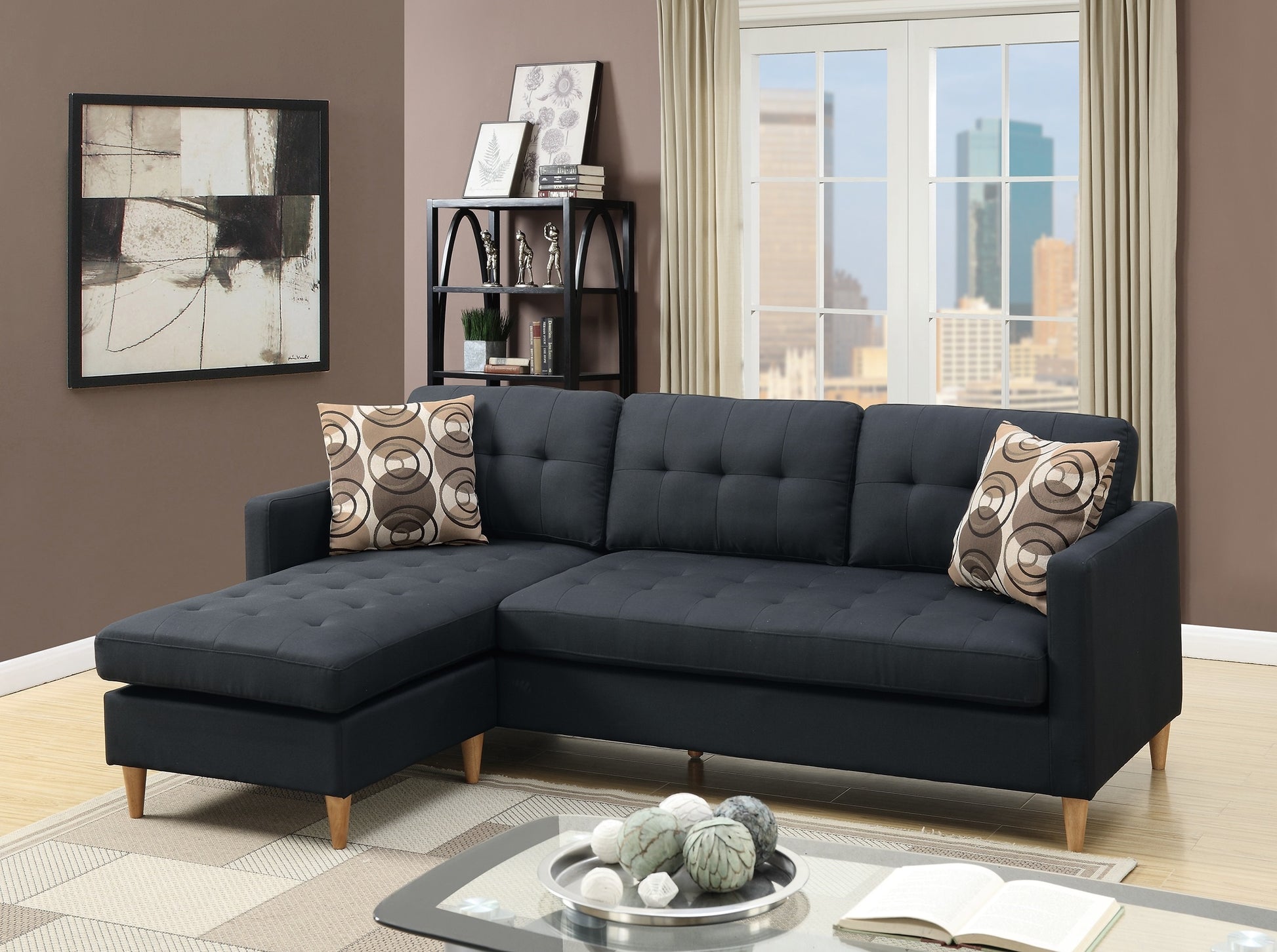 Black Polyfiber Sectional Sofa Living Room Furniture Reversible Chaise Couch Pillows Tufted Back Modular Sectionals Black Wood Primary Living Space Cushion Back Contemporary,Modern L Shaped Pine Square Arms Fabric 4 Seat