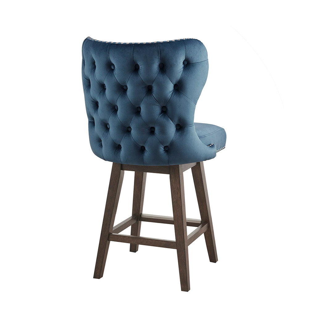 High Wingback Button Tufted Upholstered 27" Swivel Counter Stool With Accent Dark Blue Polyester