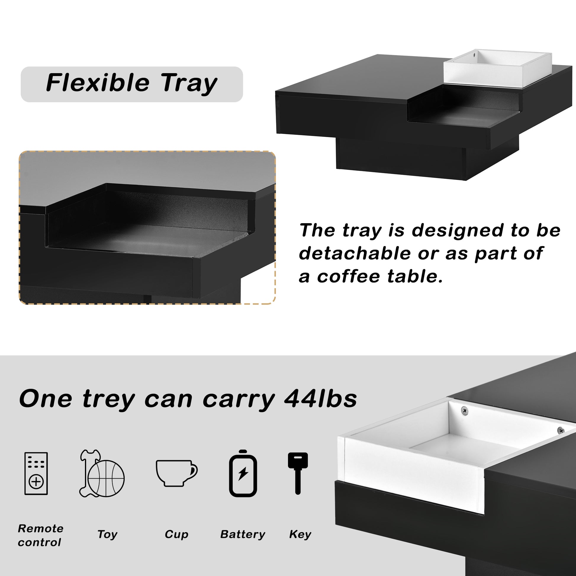 Modern Minimalist Design 31.5*31.5In Square Coffee Table With Detachable Tray And Plug In 16 Color Led Strip Lights Remote Control For Living Room Old Sku: Wf291303Aab Black Mdf