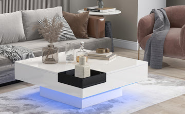 Modern Minimalist Design 31.5*31.5In Square Coffee Table With Detachable Tray And Plug In 16 Color Led Strip Lights Remote Control For Living Room Old Sku: Wf291303Aak White Mdf