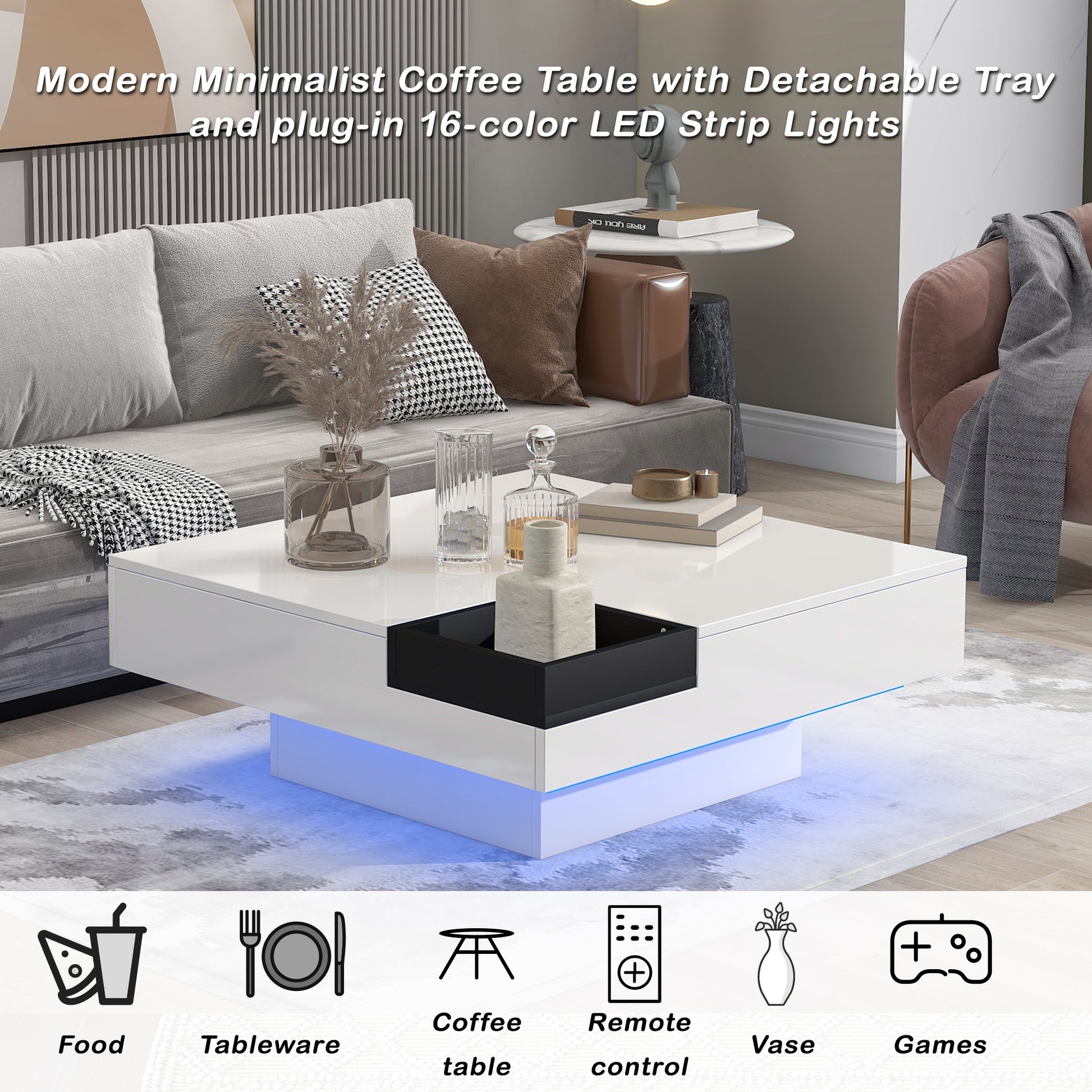 Modern Minimalist Design 31.5*31.5In Square Coffee Table With Detachable Tray And Plug In 16 Color Led Strip Lights Remote Control For Living Room Old Sku: Wf291303Aak White Mdf