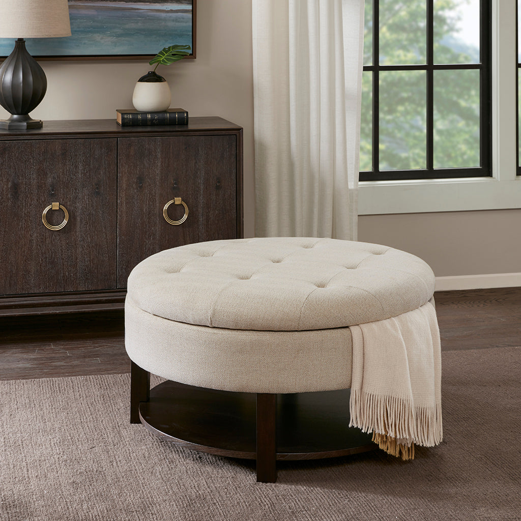 Miller Round Storage Ottoman Cream Brown Polyester