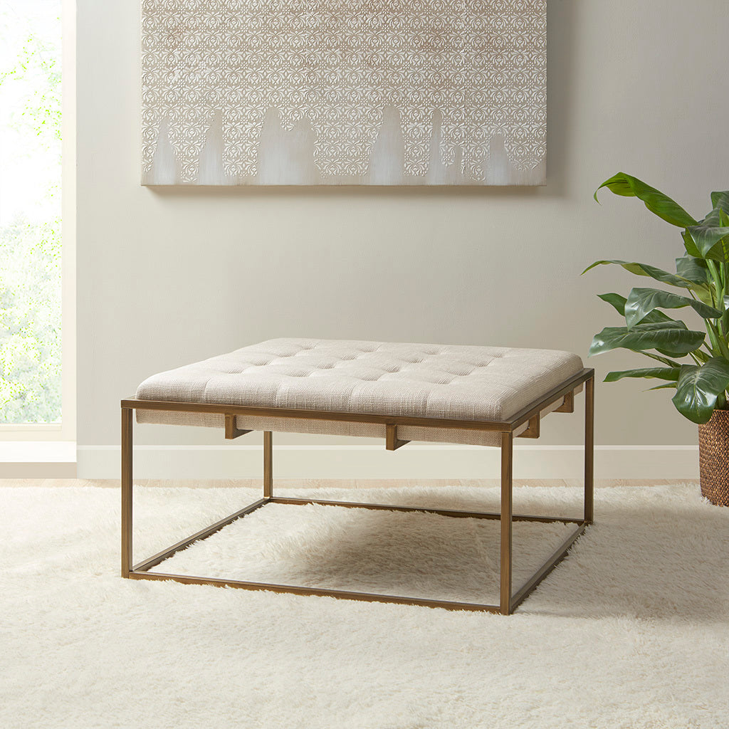 Square Shape Button Tufted Upholstered Metal Base Ottoman Coffee Table Ivory Polyester