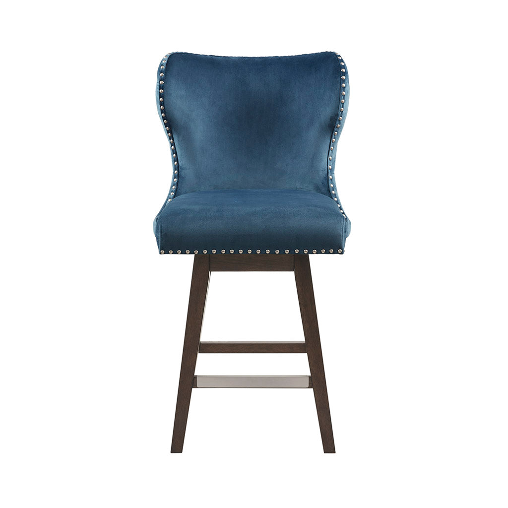 High Wingback Button Tufted Upholstered 27" Swivel Counter Stool With Accent Dark Blue Polyester