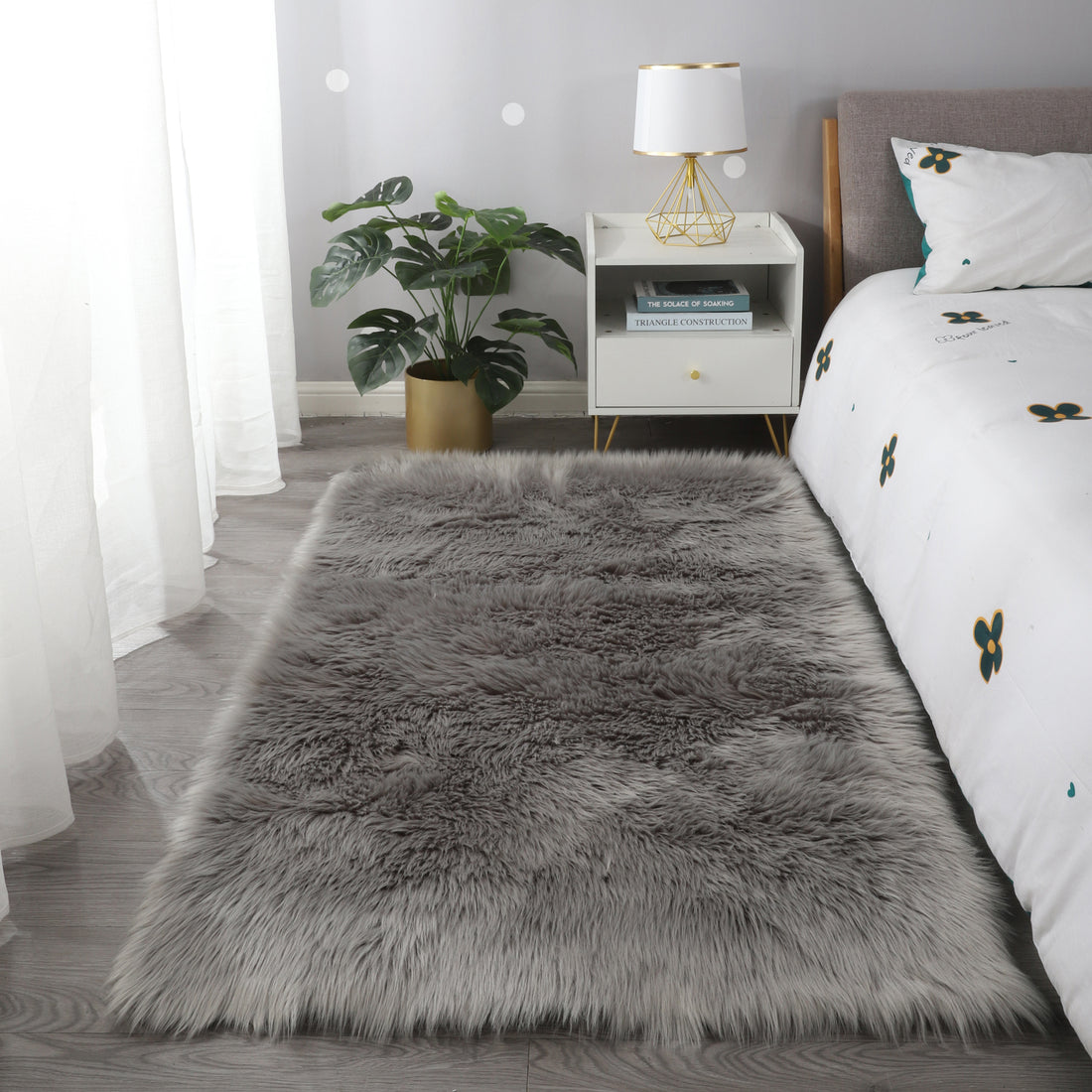 "Cozy Collection" Ultra Soft Fluffy Faux Fur Sheepskin Area Rug Light Grey Polyester