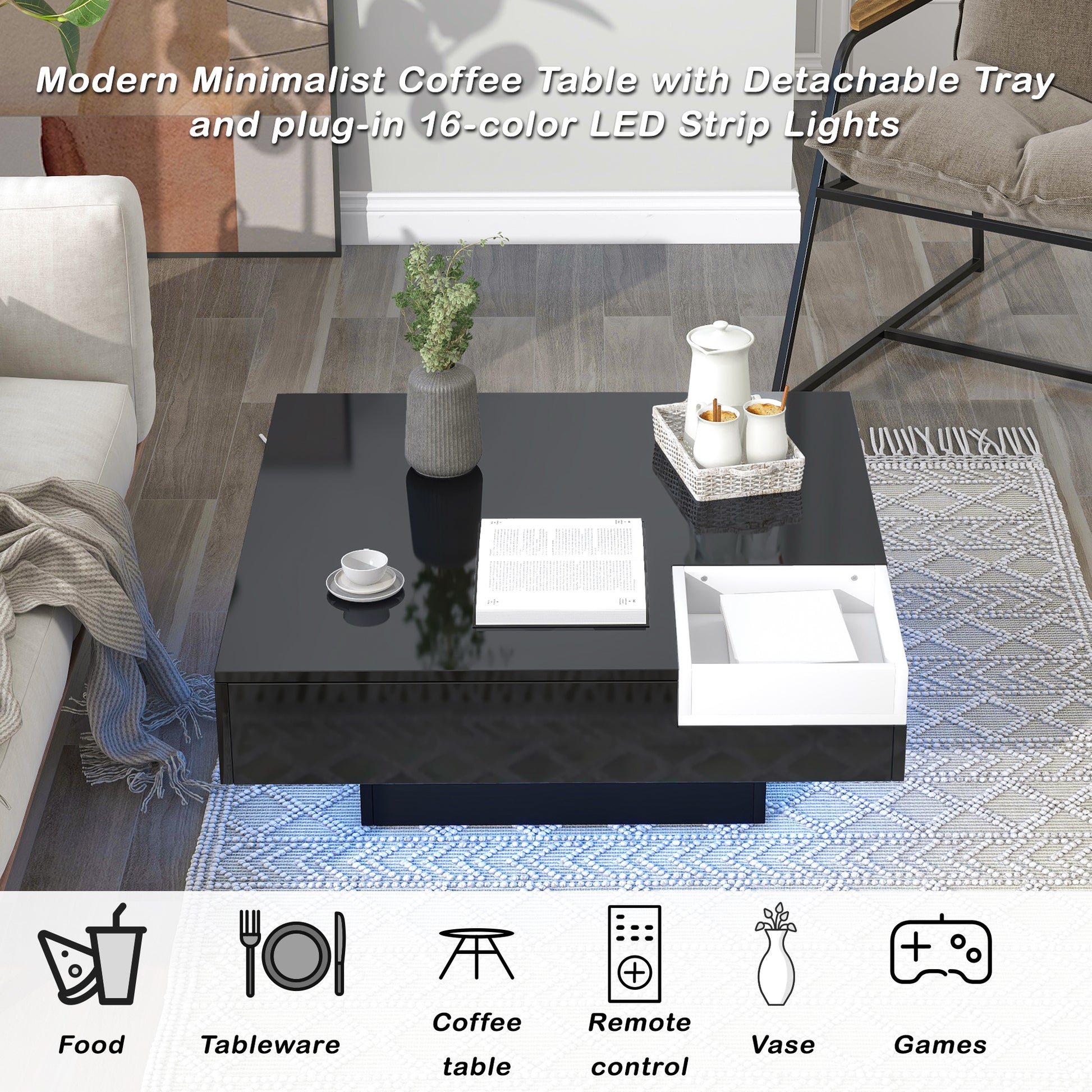 Modern Minimalist Design 31.5*31.5In Square Coffee Table With Detachable Tray And Plug In 16 Color Led Strip Lights Remote Control For Living Room Old Sku: Wf291303Aab Black Mdf