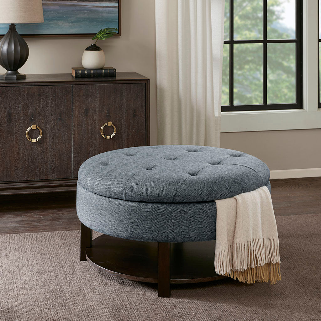 Miller Round Storage Ottoman Denim Brown Polyester