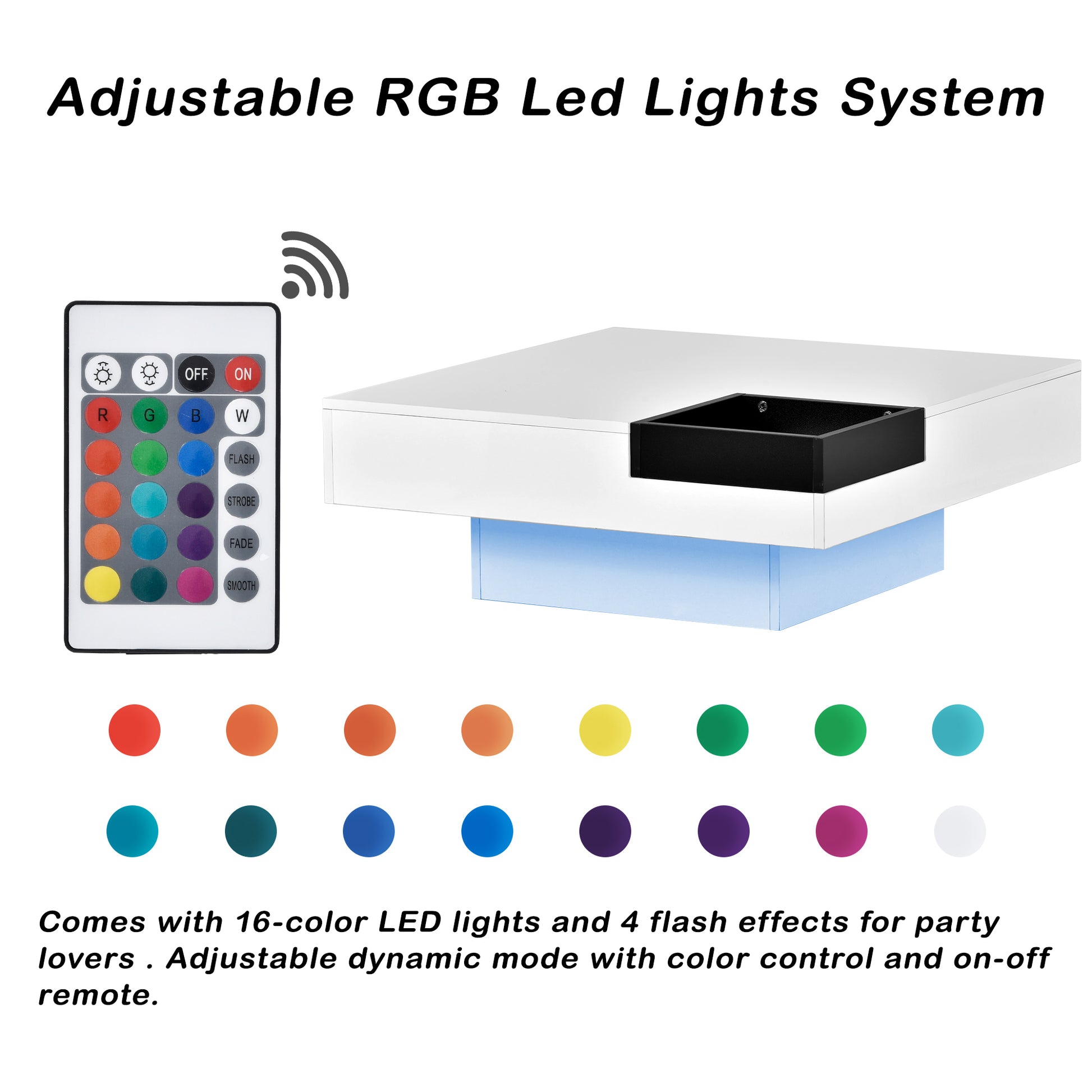 Modern Minimalist Design 31.5*31.5In Square Coffee Table With Detachable Tray And Plug In 16 Color Led Strip Lights Remote Control For Living Room Old Sku: Wf291303Aak White Mdf