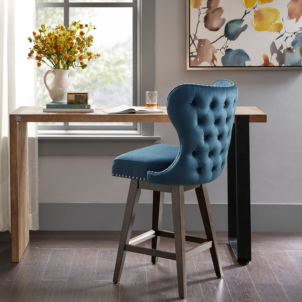 High Wingback Button Tufted Upholstered 27" Swivel Counter Stool With Accent Dark Blue Polyester