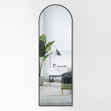 Yssoa Full Length Mirror, Arched Top Full Body Mirror With Stand, Floor Mirror & Wall Mounted Mirro Matt Black Glass