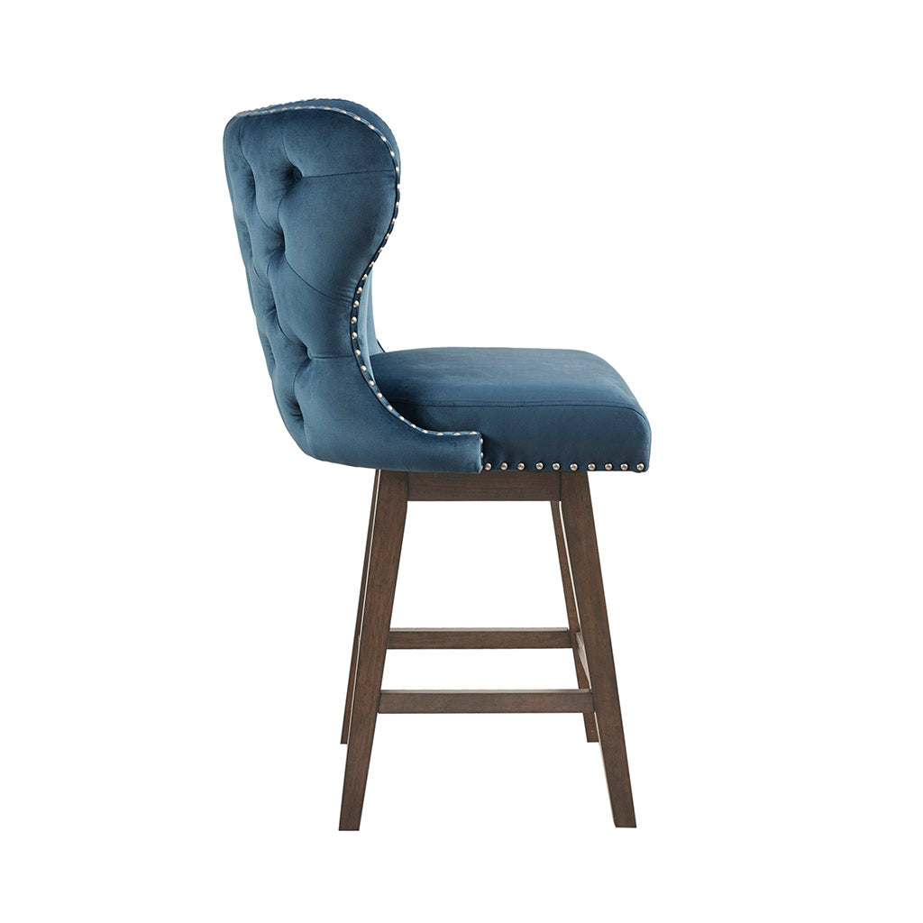 High Wingback Button Tufted Upholstered 27" Swivel Counter Stool With Accent Dark Blue Polyester