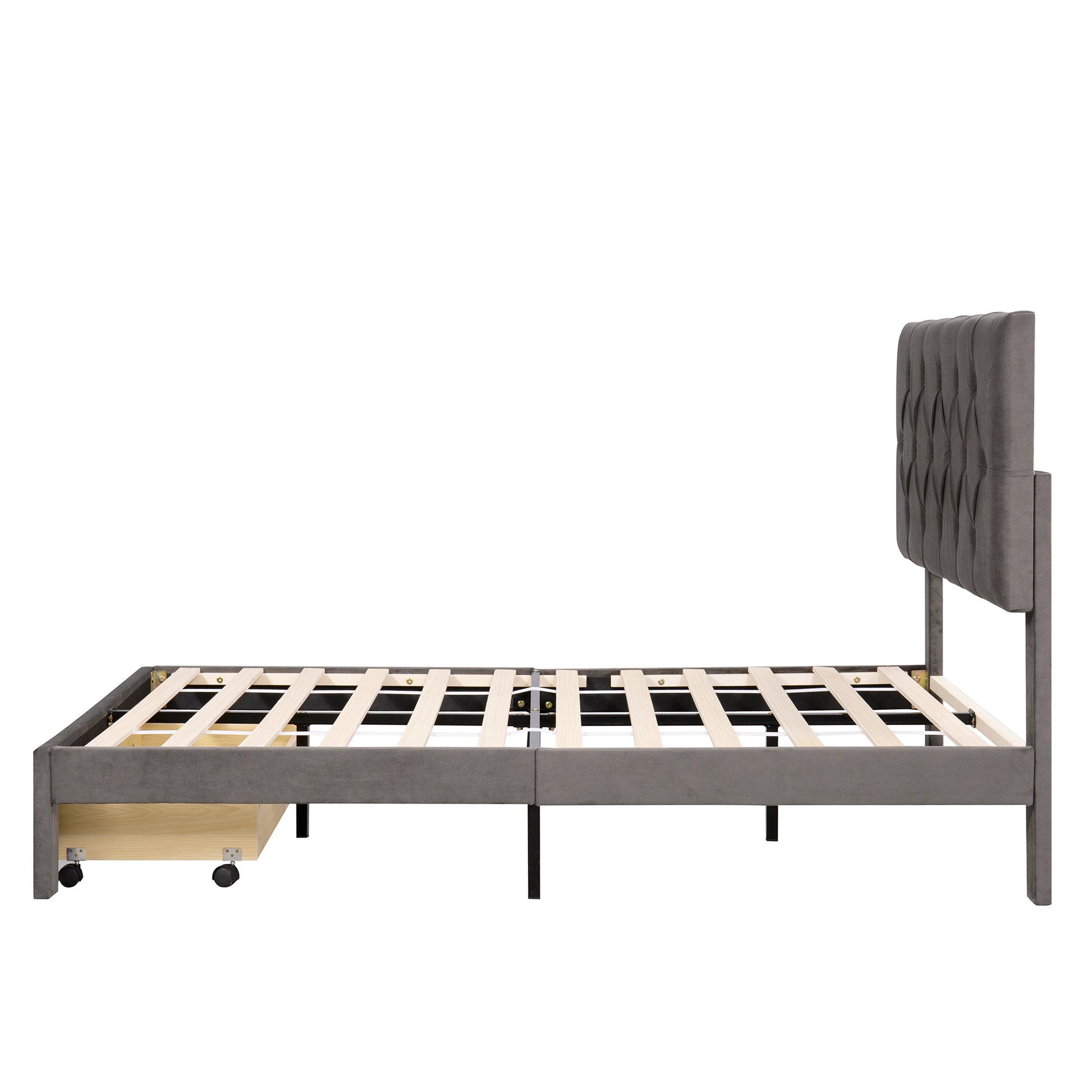 Full Size Storage Bed Velvet Upholstered Platform Bed With A Big Drawer Grey Grey Velvet