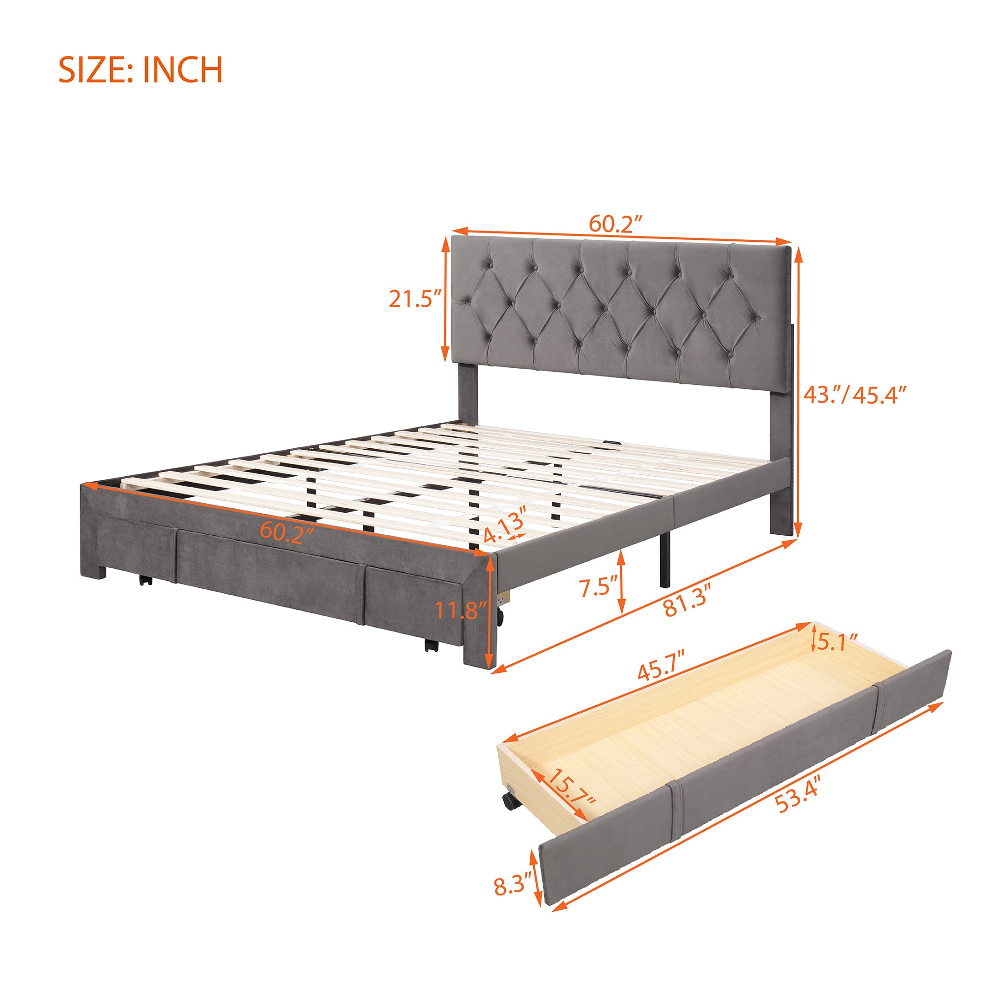 Queen Size Storage Bed Velvet Upholstered Platform Bed grey-velvet