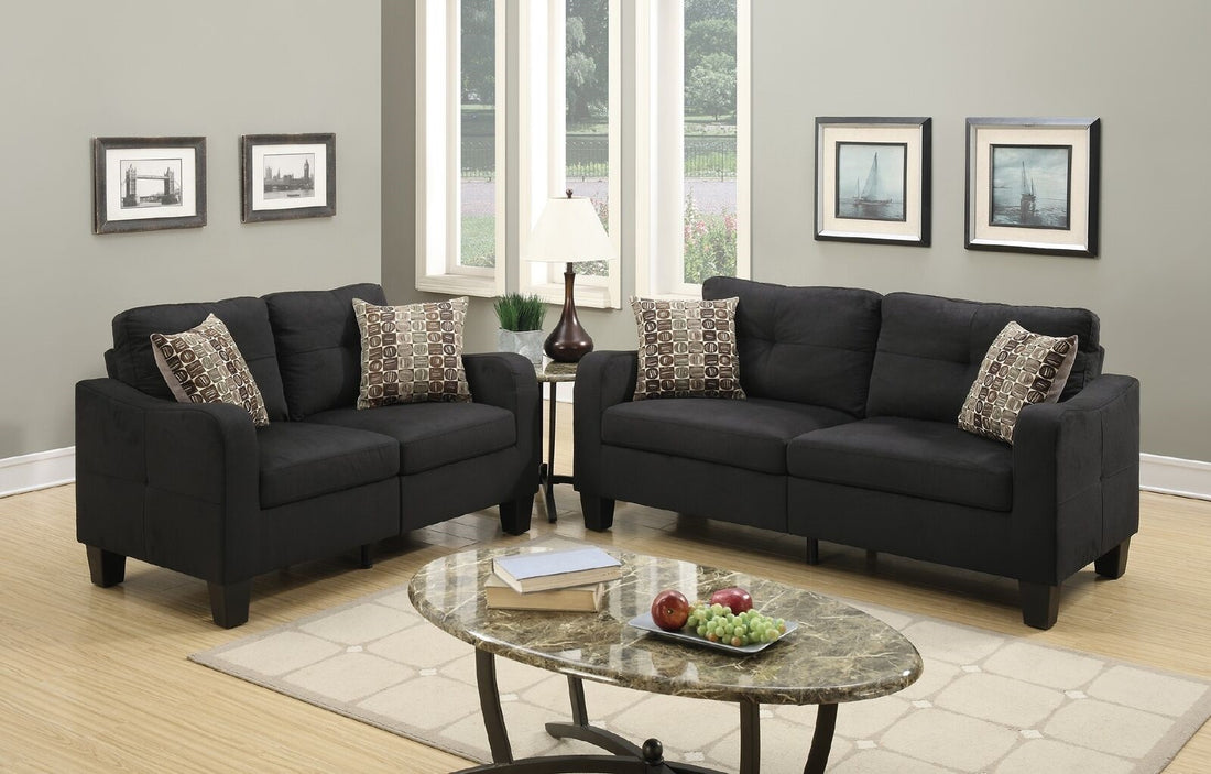 Living Room Furniture 2Pc Sofa Set Black Polyfiber Sofa And Loveseat W Pillows Cushion Couch Black Primary Living Space Cushion Back Contemporary,Modern Rubberwood Square Arms Particle Board 4 Seat