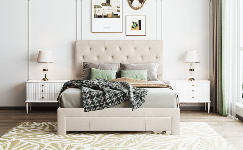 Full Size Storage Bed Velvet Upholstered Platform Bed beige-velvet