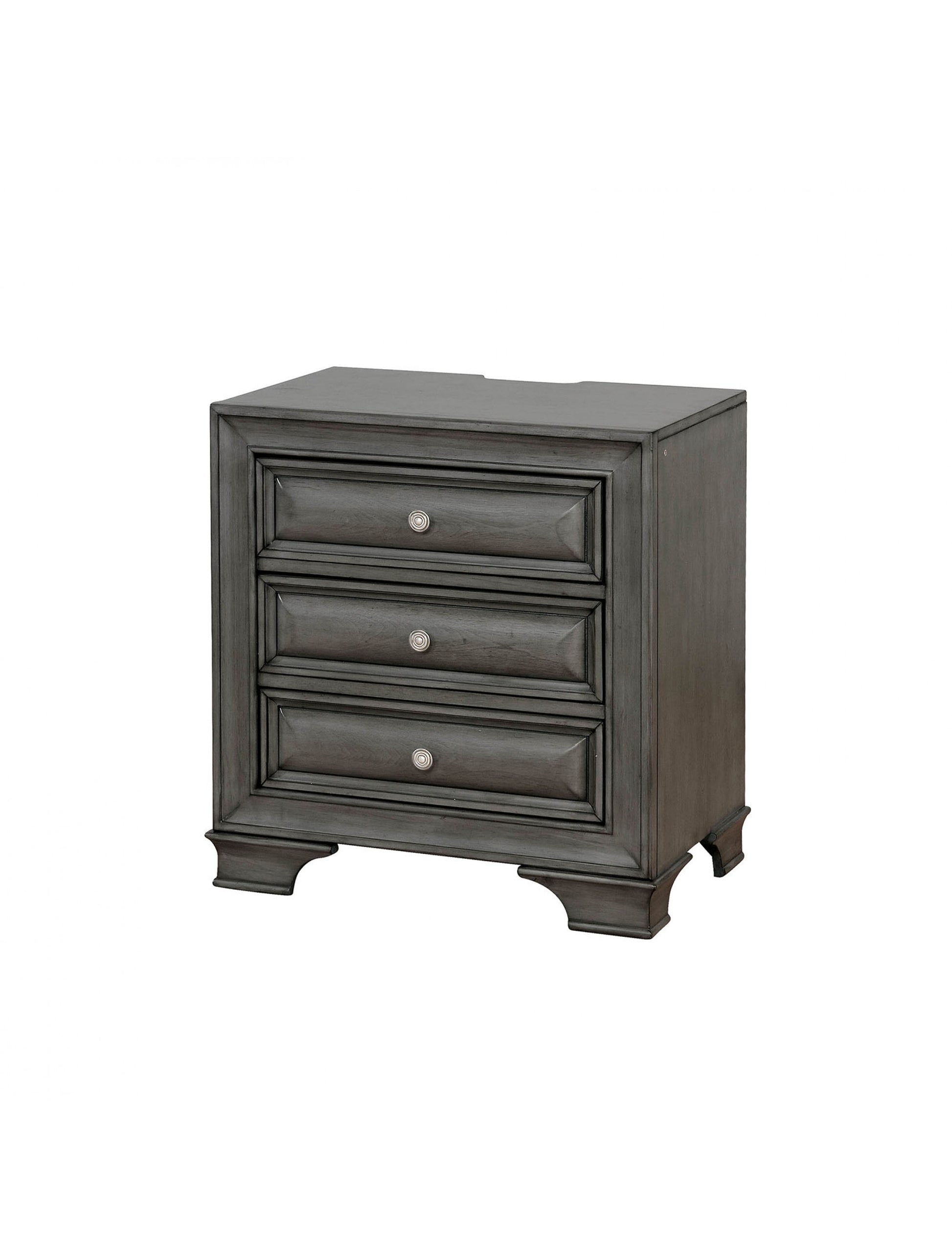 Gray Solid Wood 1Pc Nightstand Nickel Round Knob Transitional Style 3 Drawers Nightstand W Under Nightlight Grey Gray 3 Drawers Bedroom Bedside Cabinet Contemporary,Modern Rubberwood Usb Port Solid Wood