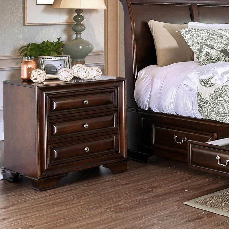 Brown Cherry Solid Wood 1Pc Nightstand Nickel Round Knob Transitional Style 3 Drawers Nightstand W Under Nightlight Brown 3 Drawers Bedroom Contemporary,Transitional Drawers Cherry Solid Wood