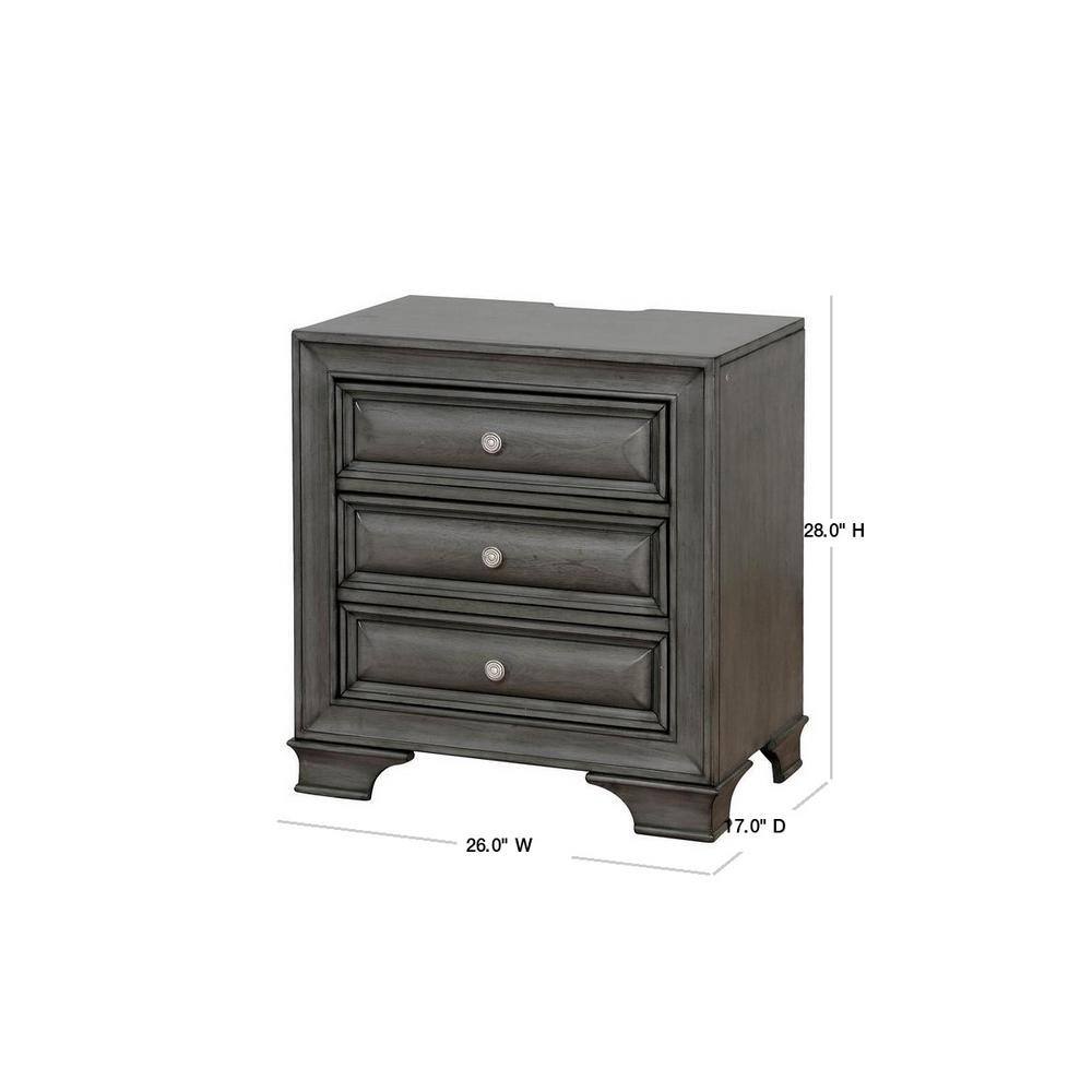 Gray Solid Wood 1Pc Nightstand Nickel Round Knob Transitional Style 3 Drawers Nightstand W Under Nightlight Grey Gray 3 Drawers Bedroom Bedside Cabinet Contemporary,Modern Rubberwood Usb Port Solid Wood