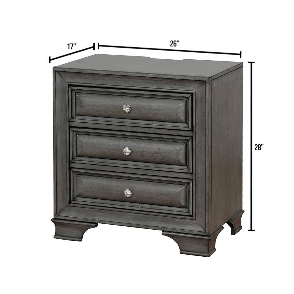 Gray Solid Wood 1Pc Nightstand Nickel Round Knob Transitional Style 3 Drawers Nightstand W Under Nightlight Grey Gray 3 Drawers Bedroom Bedside Cabinet Contemporary,Modern Rubberwood Usb Port Solid Wood