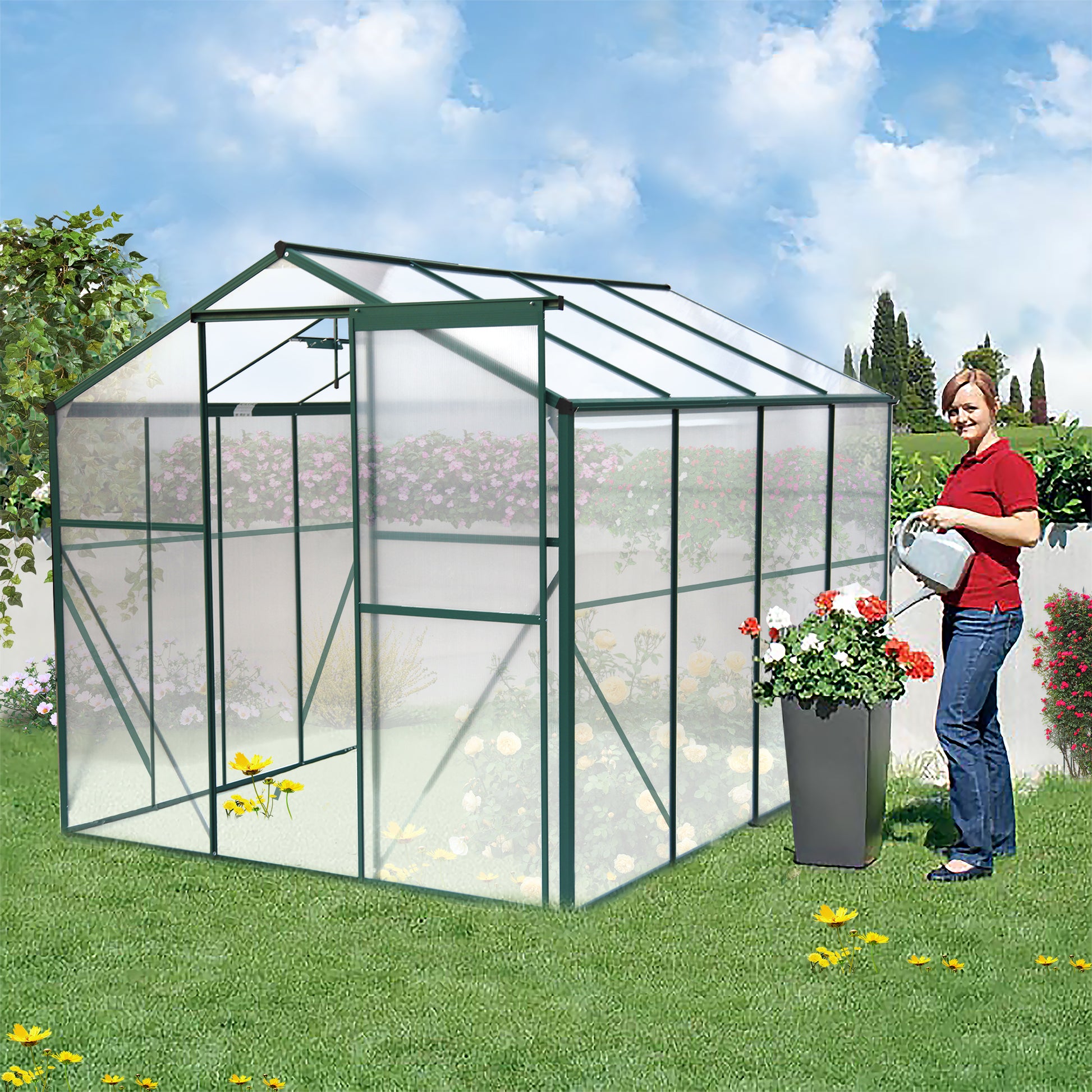 Polycarbonate Greenhouse,6'X 8' Heavy Duty Walk In Plant Garden Greenhouse For Backyard Outdoor Green Aluminium