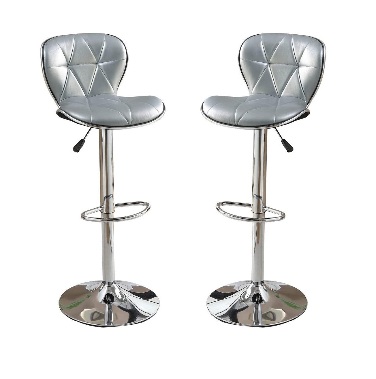 Silver Grey Faux Leather Pvc Stool Counter Height Chairs Set Of 2 Adjustable Height Kitchen Island Stools Chrome Base. Silver Dining Room Contemporary,Modern Tufted Back Metal