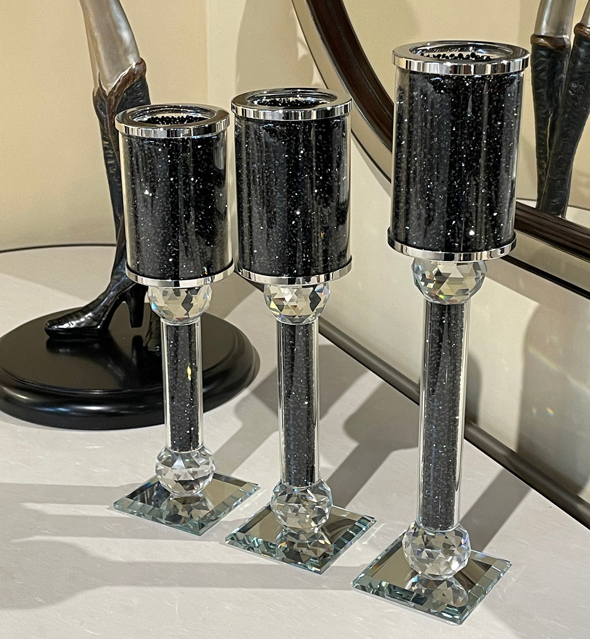 Ambrose Exquisite 3 Piece Candle Holder Set Black Glass