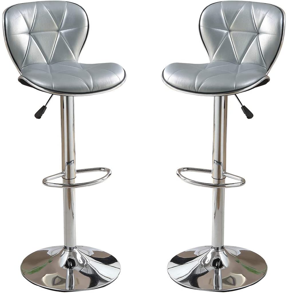 Silver Grey Faux Leather Pvc Stool Counter Height Chairs Set Of 2 Adjustable Height Kitchen Island Stools Chrome Base. Silver Dining Room Contemporary,Modern Tufted Back Metal