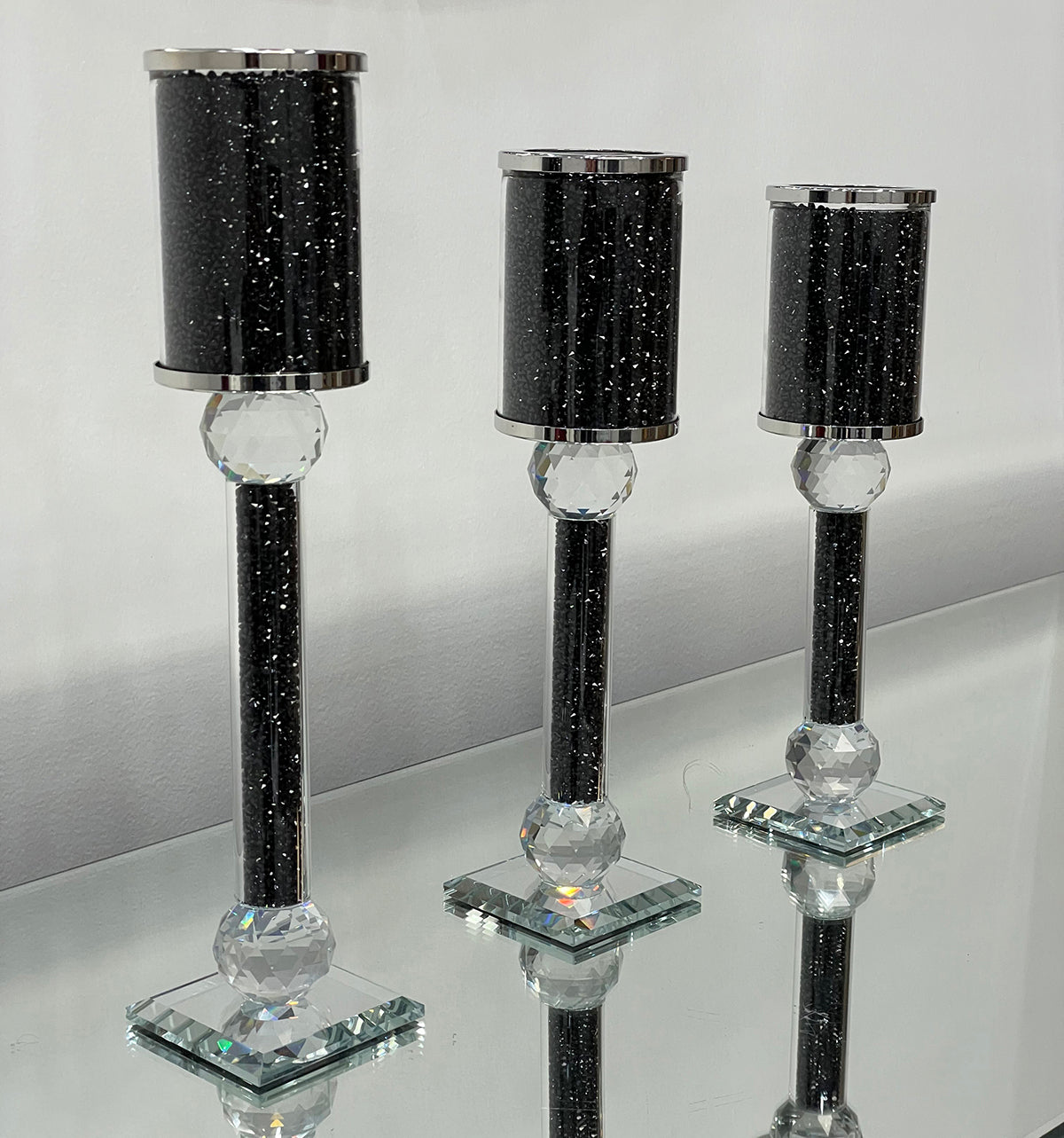 Ambrose Exquisite 3 Piece Candle Holder Set Black Glass