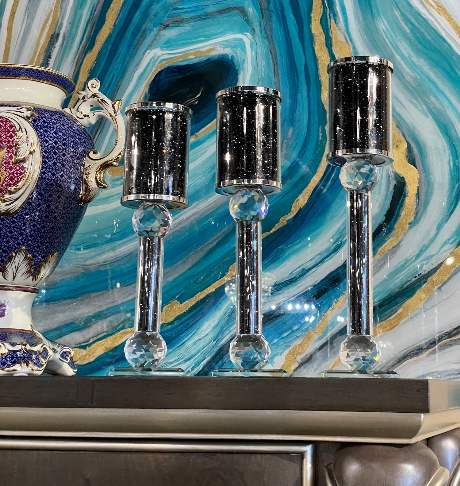 Ambrose Exquisite 3 Piece Candle Holder Set black-glass