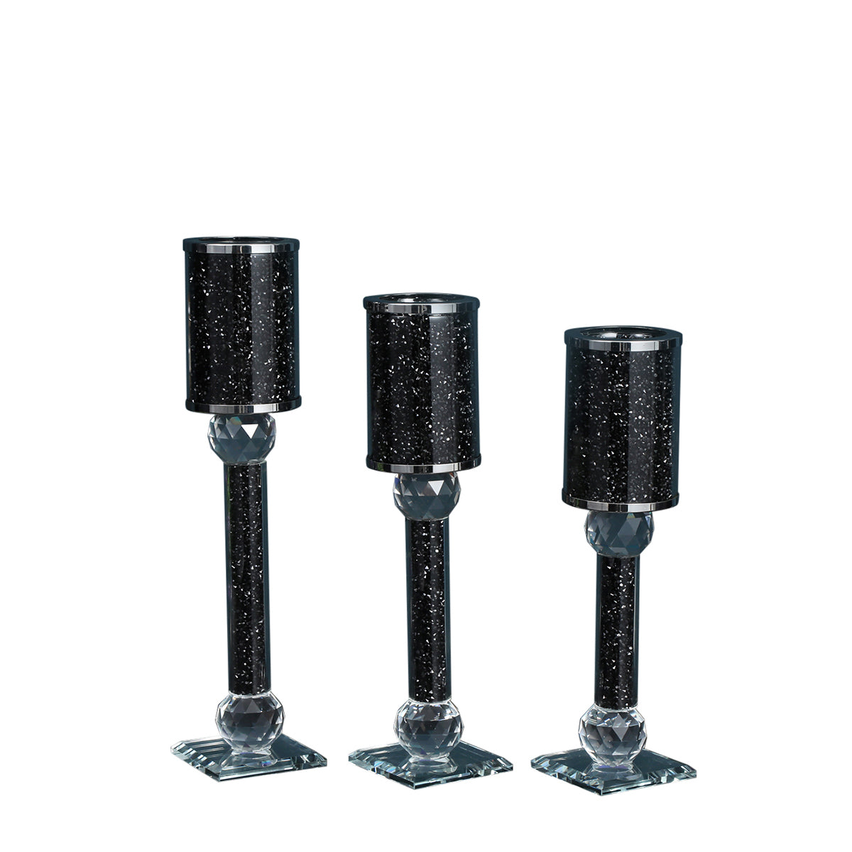 Ambrose Exquisite 3 Piece Candle Holder Set Black Glass