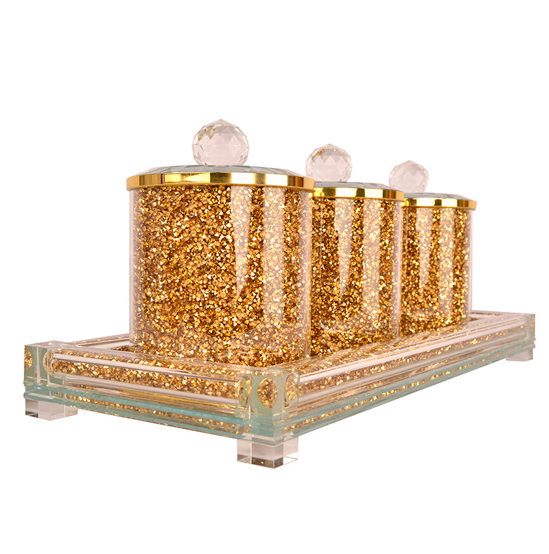 Ambrose Exquisite Tea, Sugar, Coffee Canisters With Tray In Crushed Diamond Glass In Gift Box Gold Glass